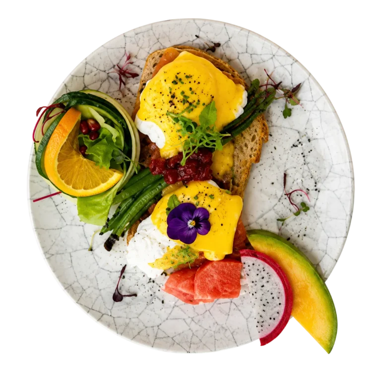 Honeymoon Eggs with smoked turkey bacon and asparagus at Cloud 7